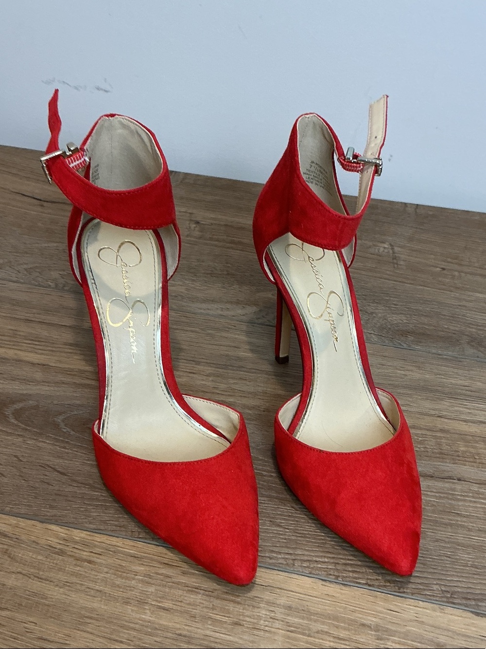 Jessica Simpson Postrie Red Suede Pointed-Toe Ankle-Strap Heels, size 7.5